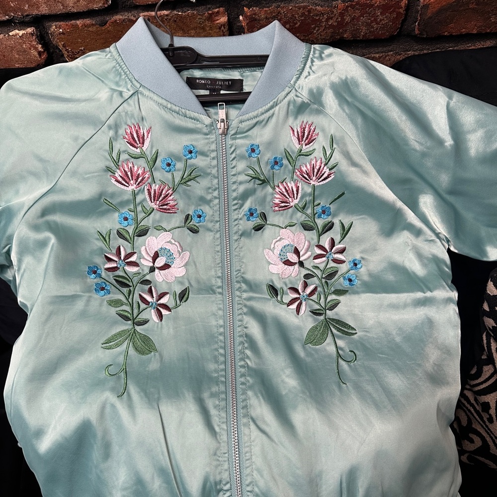 Romeo & Juliet Couture
Mint Satin Embroidered Bomber Jacket